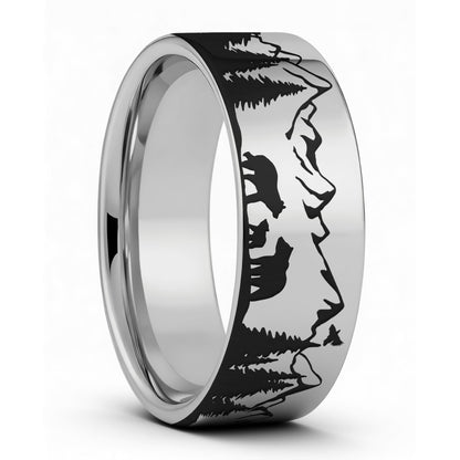 Bear & Cubs Landscape Scene Tungsten Men's Wedding Band