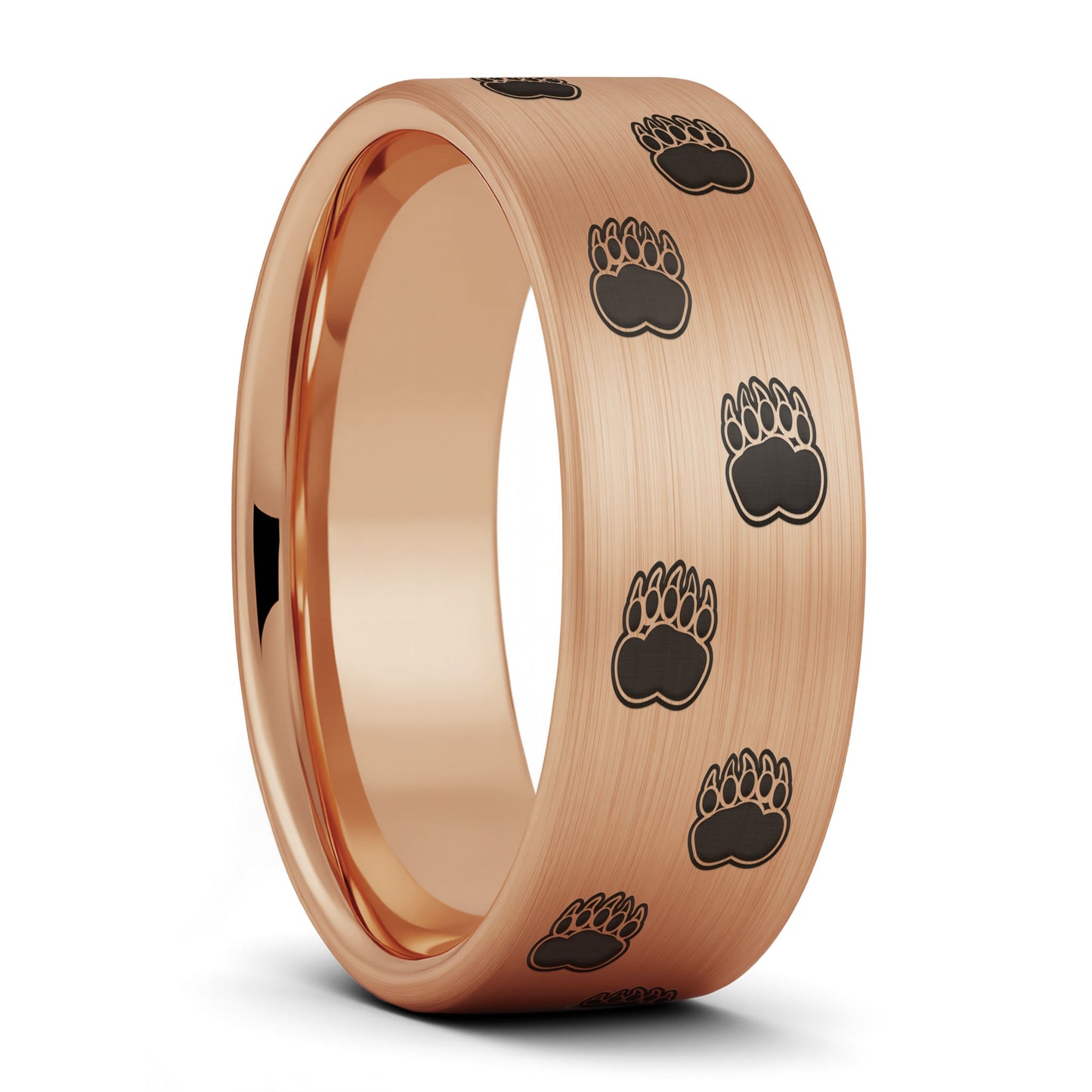 A bear paw print brushed rose gold tungsten men's wedding band displayed on a plain white background.
