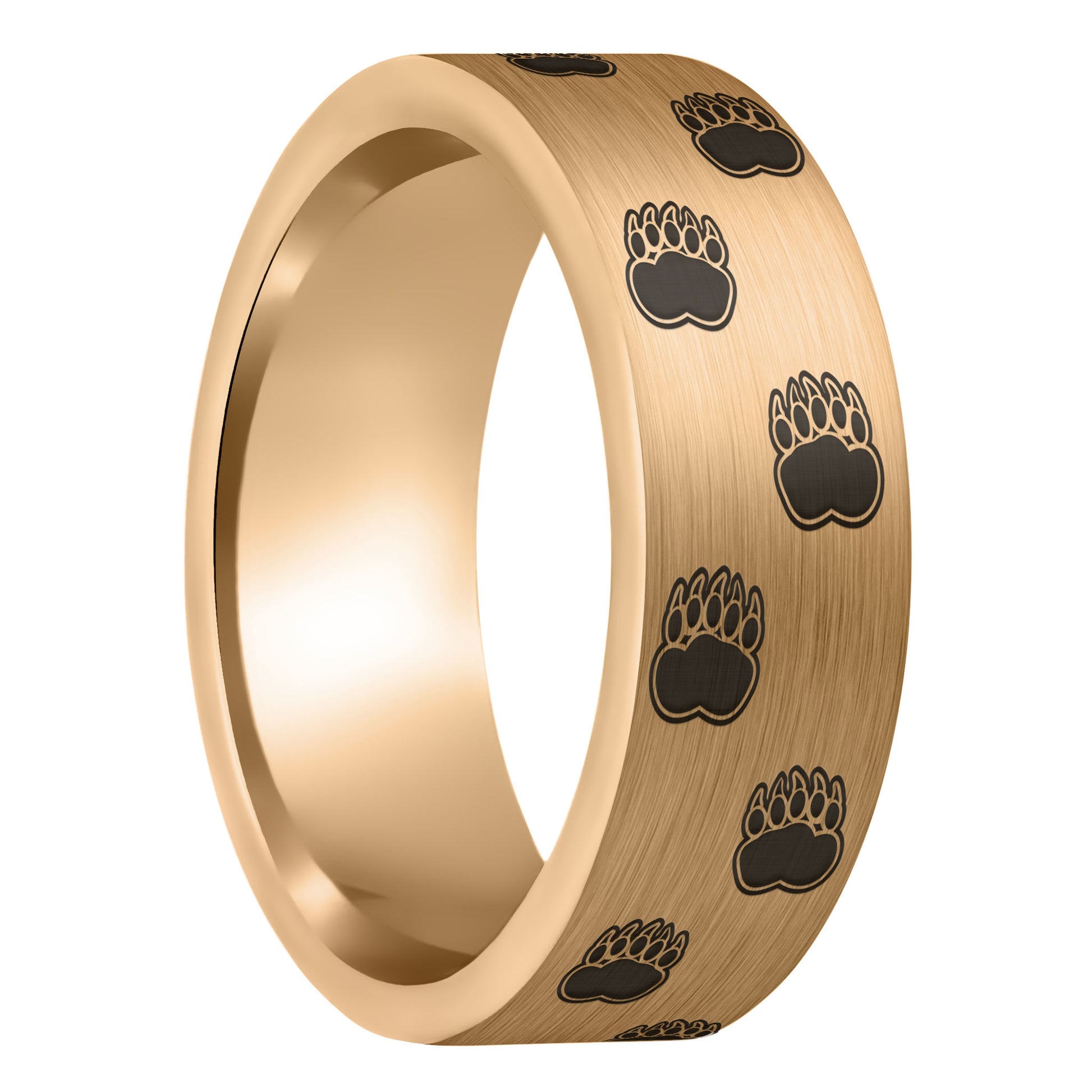 A bear paw print brushed rose gold tungsten men's wedding band displayed on a plain white background.