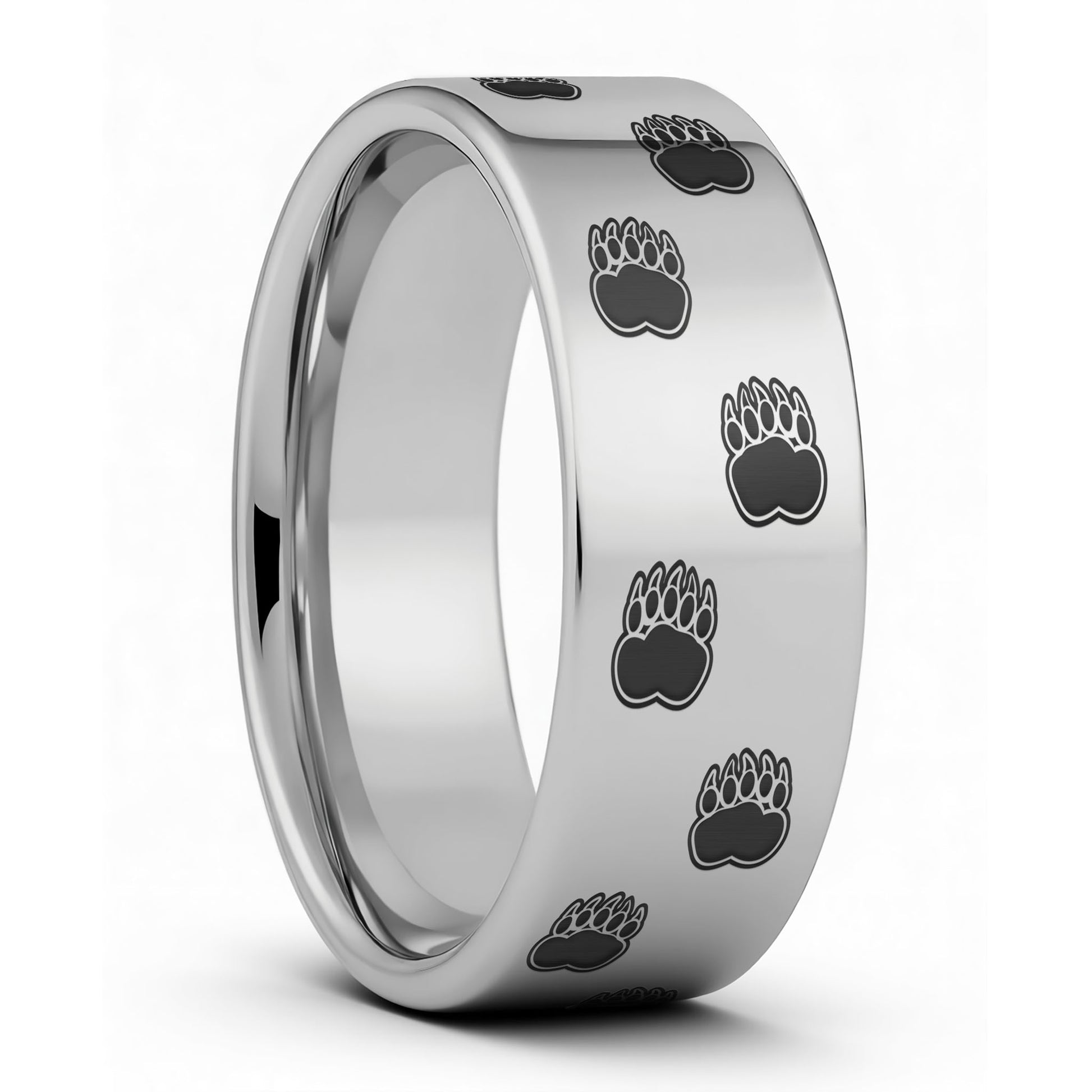 One Bear Paw Print Tungsten Men's Wedding Band displayed on a plain white background