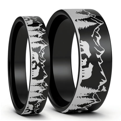Bear & Cubs Landscape Scene Tungsten Couple's Matching Wedding Band Set
