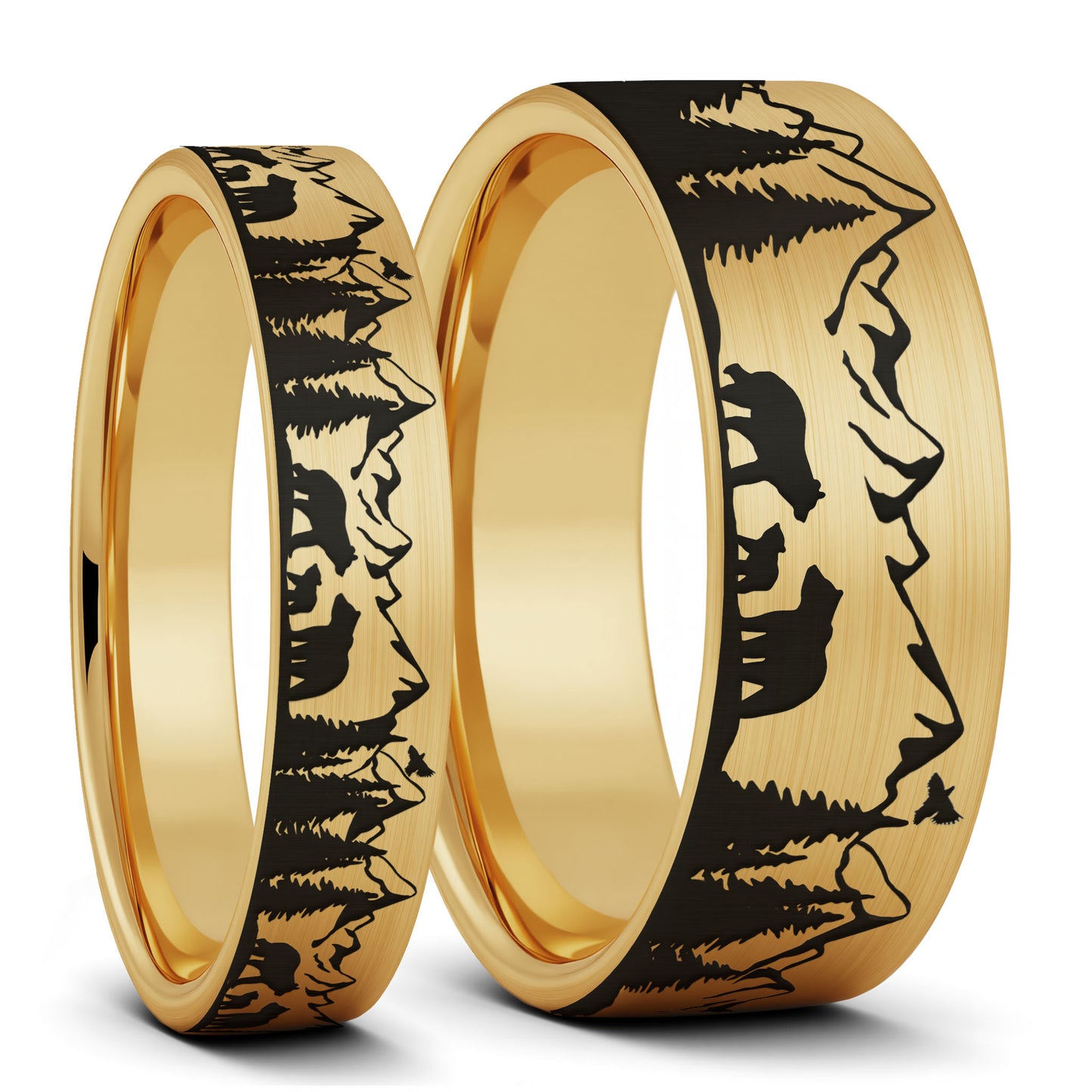Bear & Cubs Landscape Scene Brushed Gold Tungsten Couple's Matching Wedding Band Set