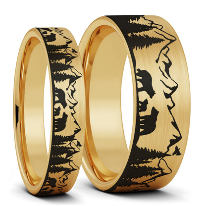 Bear & Cubs Landscape Scene Brushed Tungsten Couple's Matching Wedding Band Set