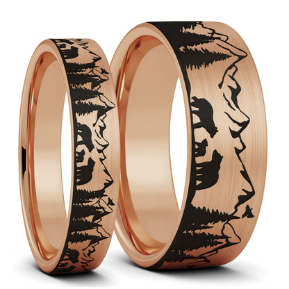 Bear & Cubs Landscape Scene Brushed Tungsten Couple's Matching Wedding Band Set