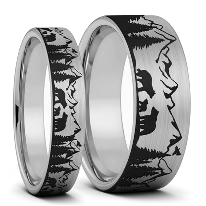 Bear & Cubs Landscape Scene Brushed Tungsten Couple's Matching Wedding Band Set