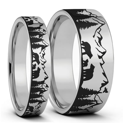 Bear & Cubs Landscape Scene Tungsten Couple's Matching Wedding Band Set