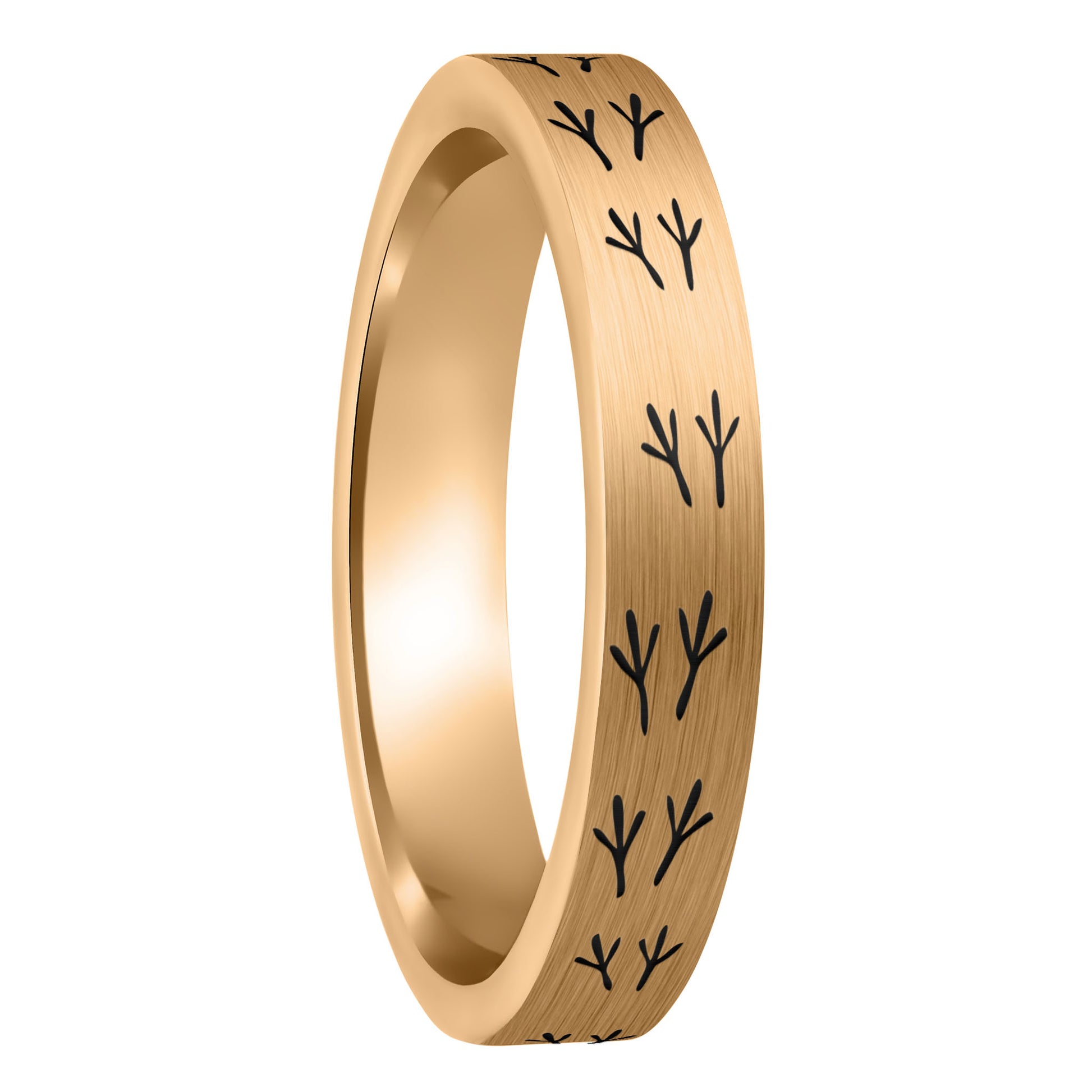 A bird tracks brushed rose gold tungsten women's wedding band displayed on a plain white background.
