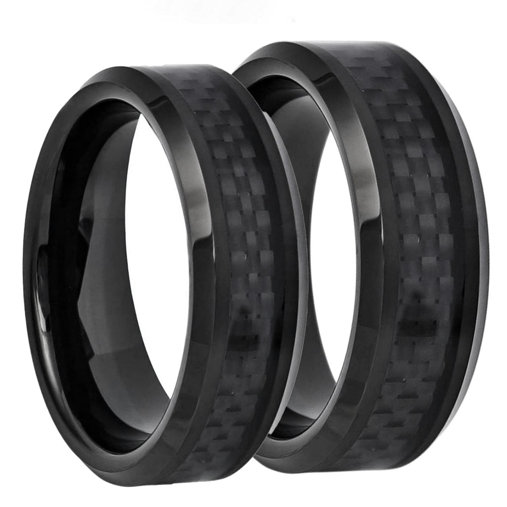Black Carbon Fiber Inlay Black Tungsten Couple's Matching Wedding Band Set