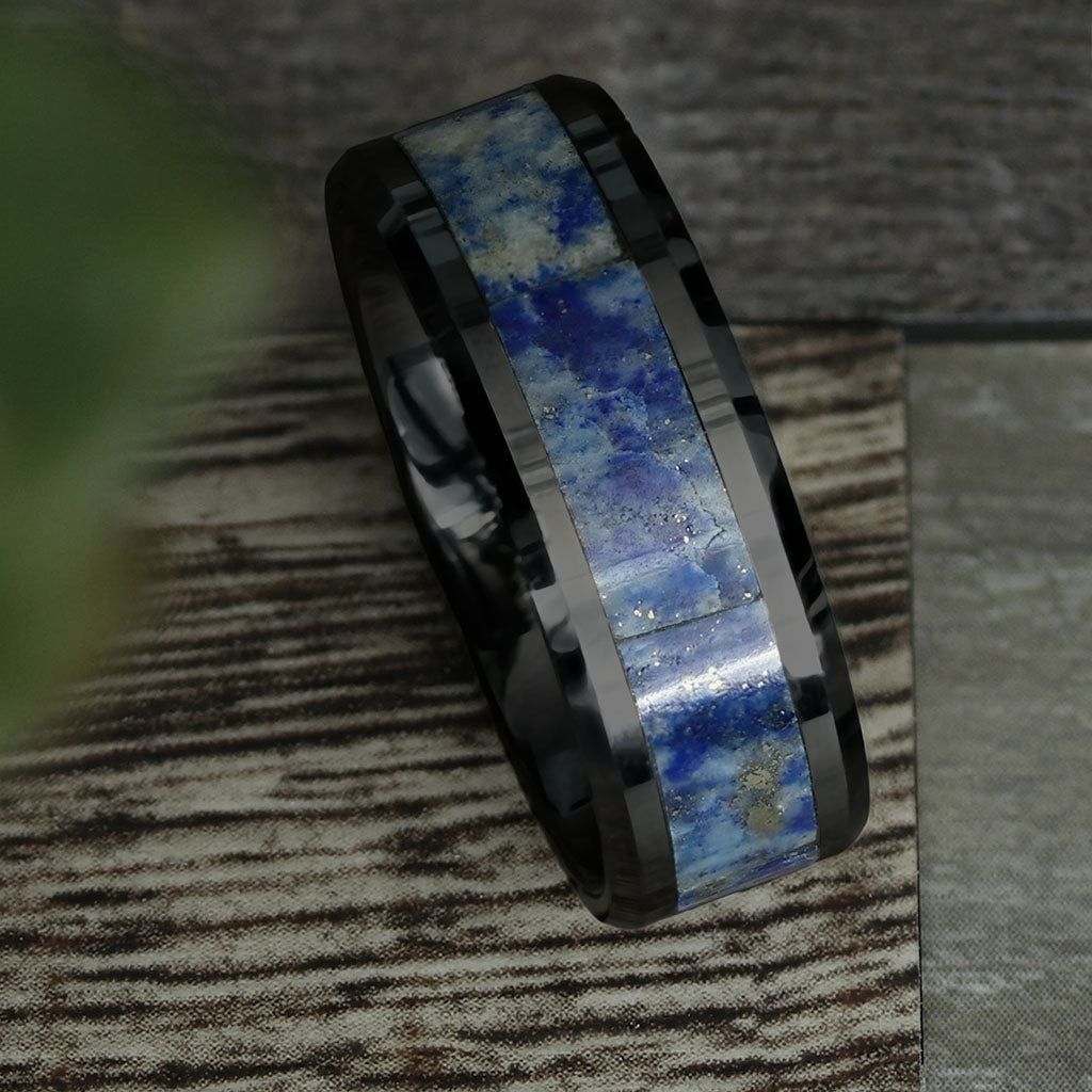 Black Ceramic Men's Wedding Band with Blue Lapis Lazuli Inlay