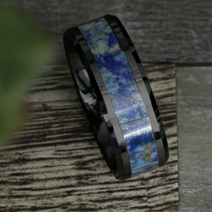 Black Ceramic Men's Wedding Band with Blue Lapis Lazuli Inlay