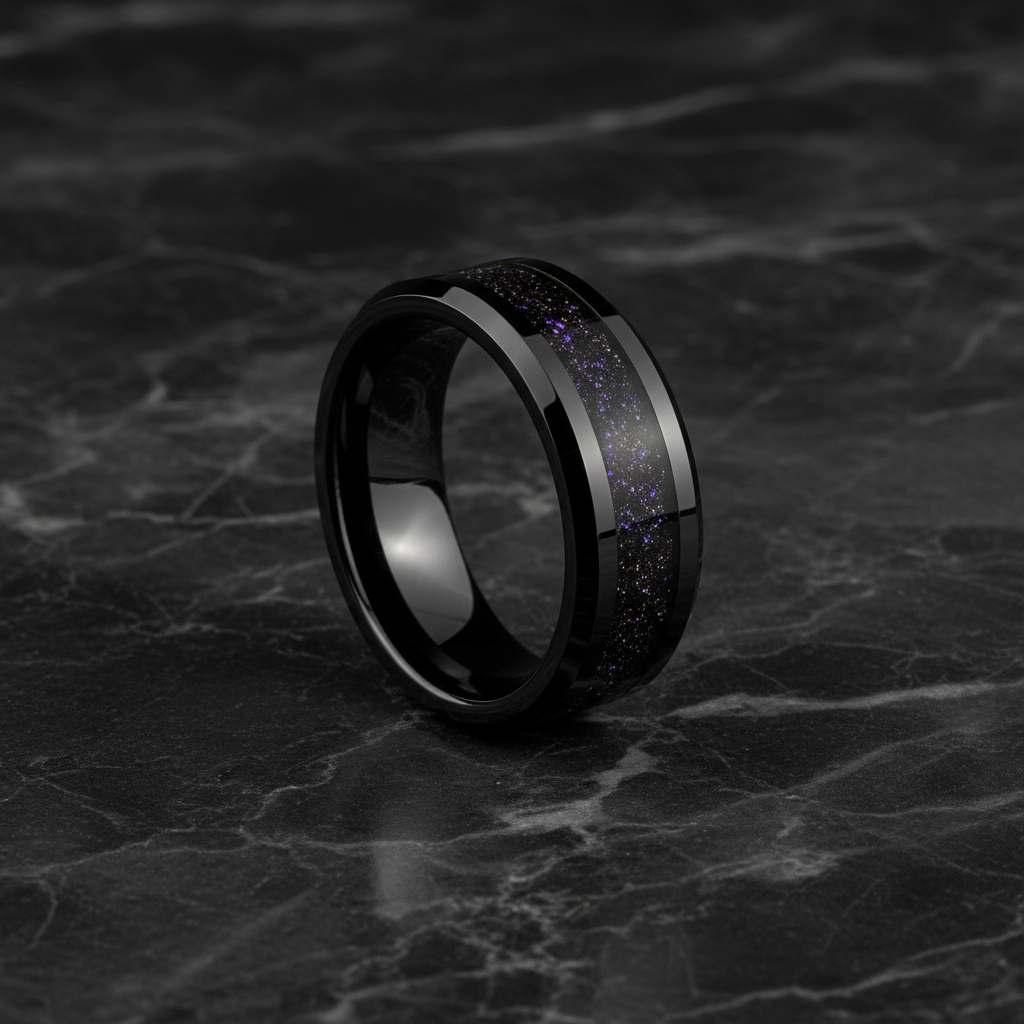 Black Ceramic Men's Wedding Band with Purple Galaxy Goldstone Inlay