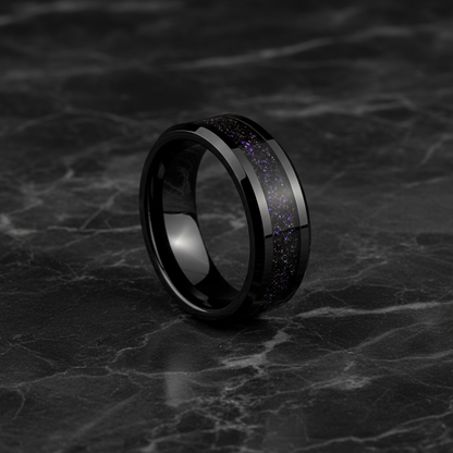 Black Ceramic Men's Wedding Band with Purple Galaxy Goldstone Inlay