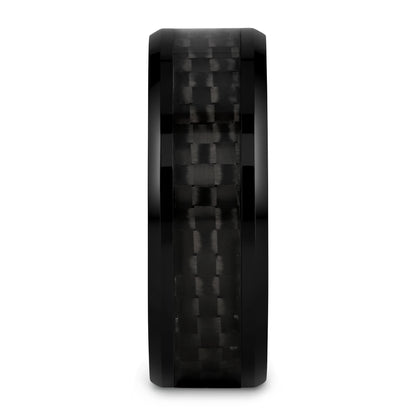 Black Ceramic Women's Wedding Band with Black Carbon Fiber Inlay