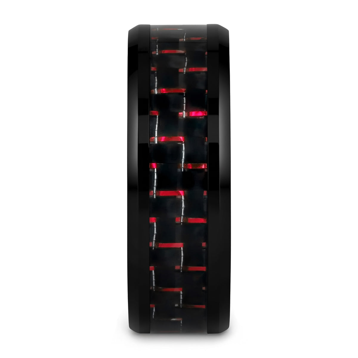 Black Ceramic Men's Wedding Band with Black & Red Carbon Fiber Inlay