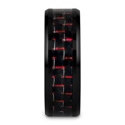 Black Ceramic Men's Wedding Band with Black & Red Carbon Fiber Inlay