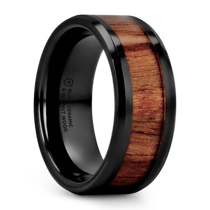 Black Ceramic Wedding Band with Black Walnut Wood Inlay