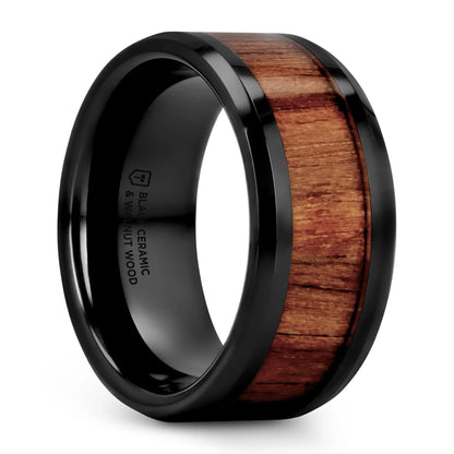 Black Ceramic Wedding Band with Black Walnut Wood Inlay