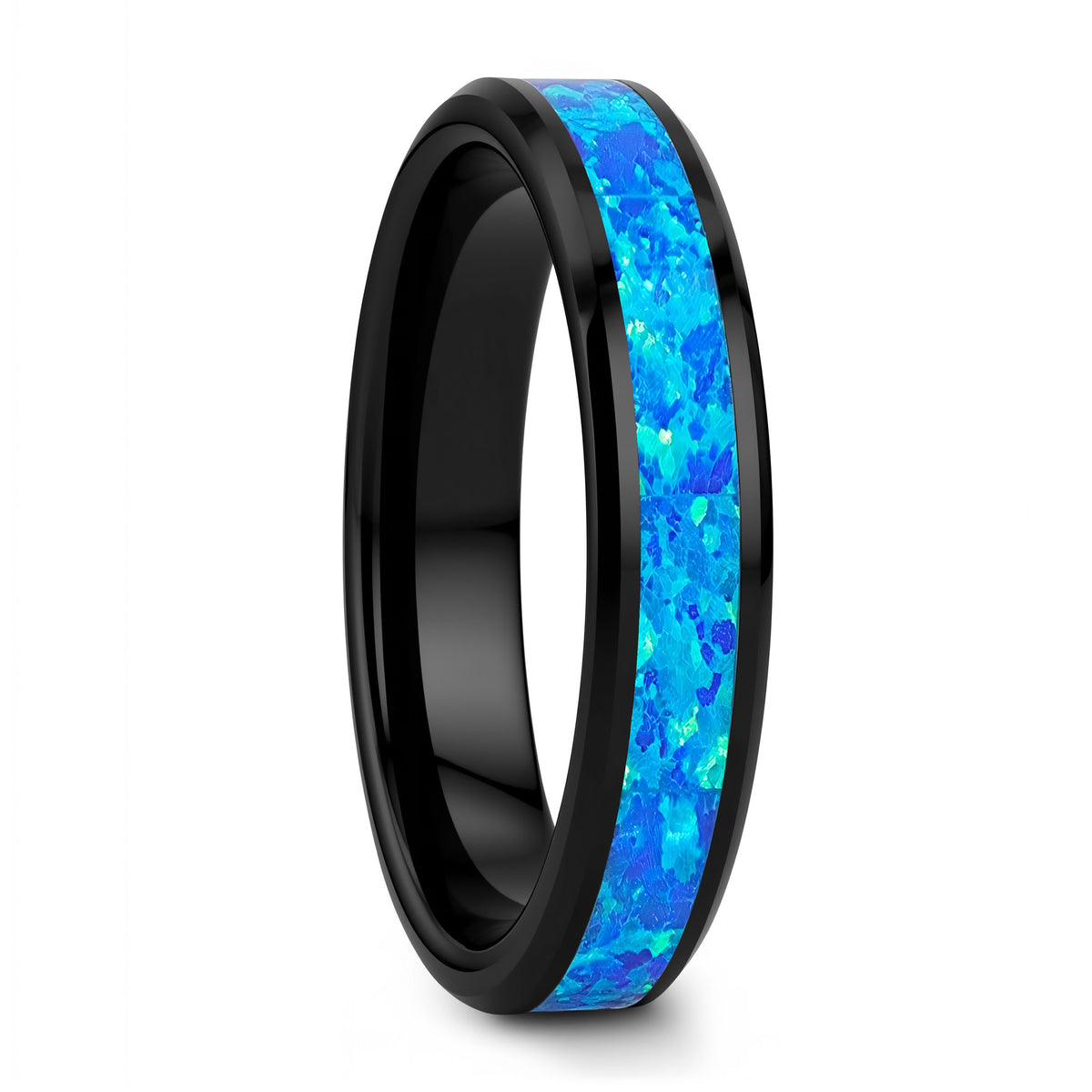 Black Ceramic Women's Wedding Band with Blue & Green Opal Inlay