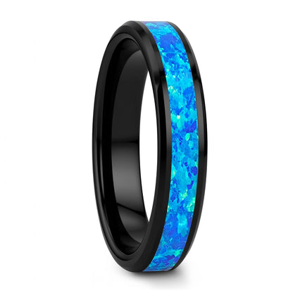 Black Ceramic Women's Wedding Band with Blue & Green Opal Inlay