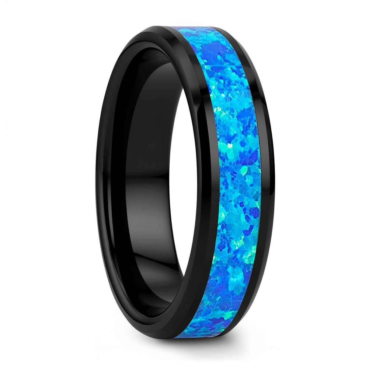 Black Ceramic Women's Wedding Band with Blue & Green Opal Inlay