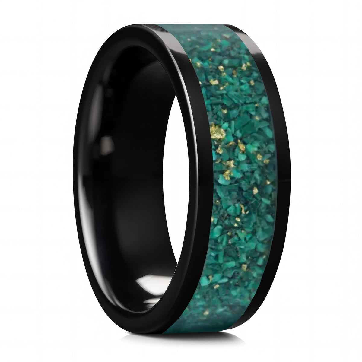 Malachite & Gold Leaf Inlaid Black Ceramic Wedding Band