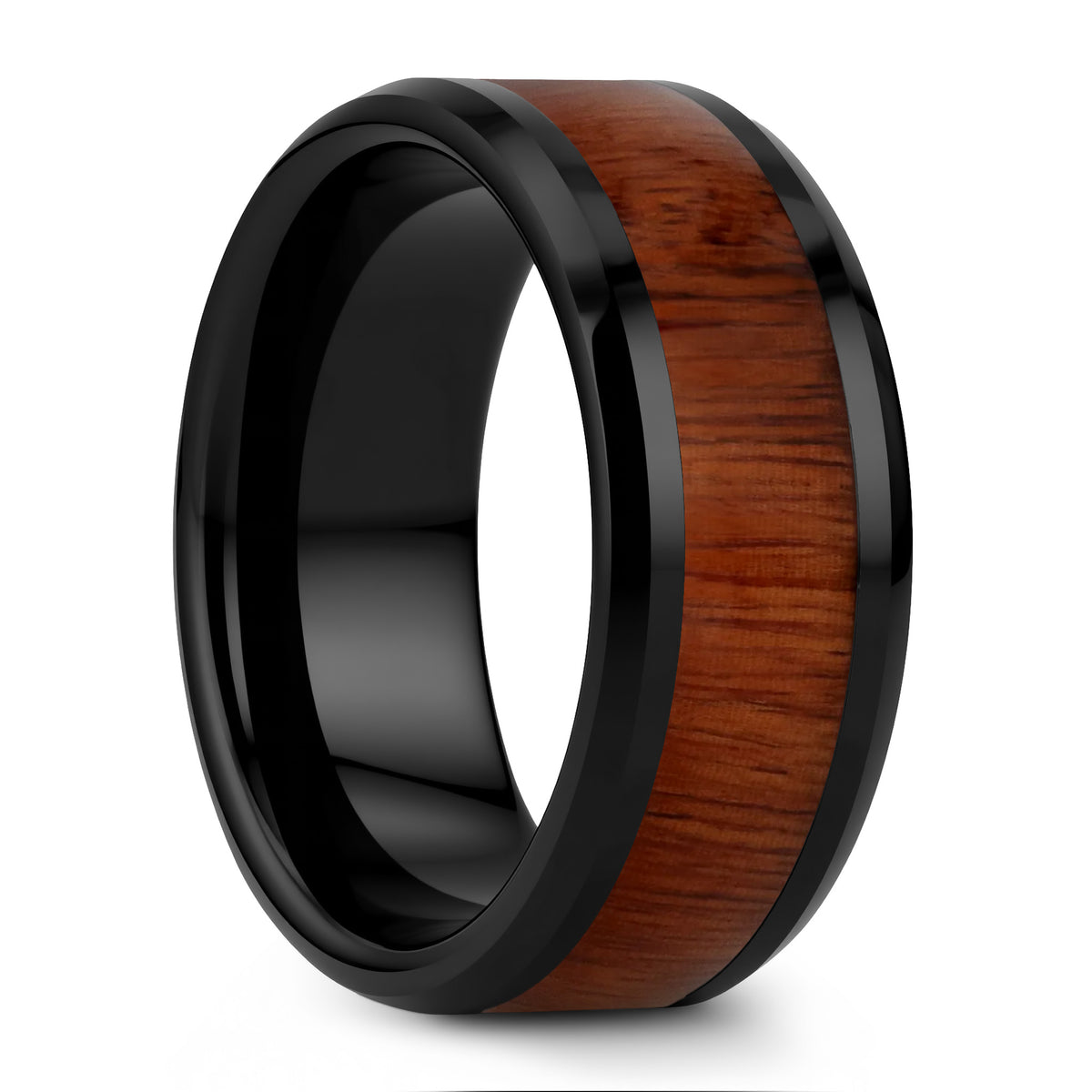 Black Ceramic Men's Wedding Band with Rosewood Inlay