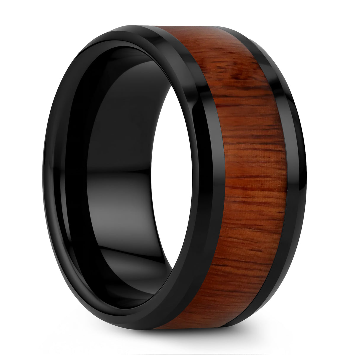 Black Ceramic Men's Wedding Band with Rosewood Inlay