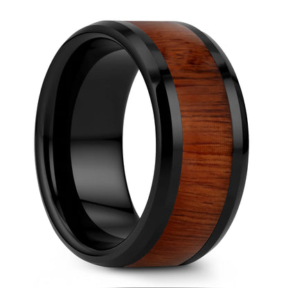 Ensemble d'alliances assorties pour couple en céramique noire incrustée de bois de rose