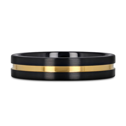 Gold Grooved Brushed Black Ceramic Couple's Matching Wedding Band Set