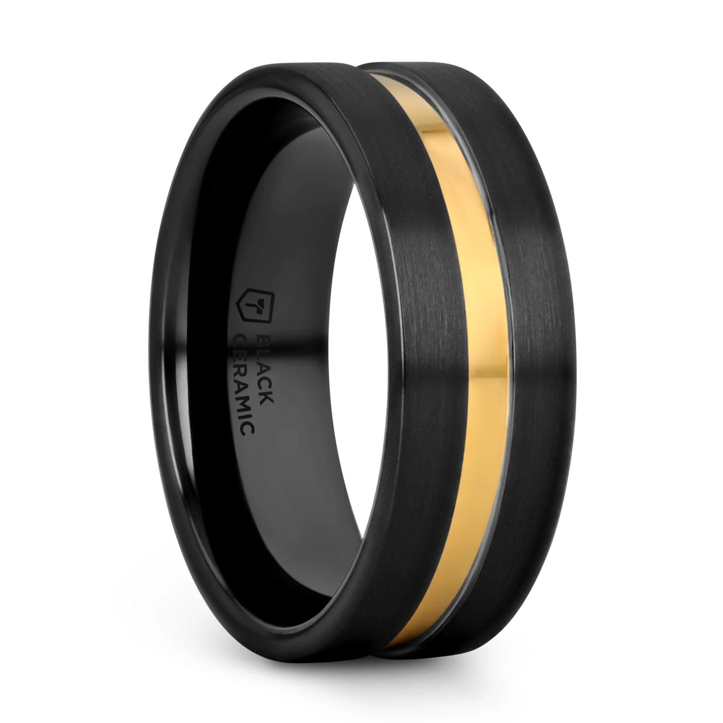 Black Ceramic Men's Wedding Band With Yellow Gold Groove