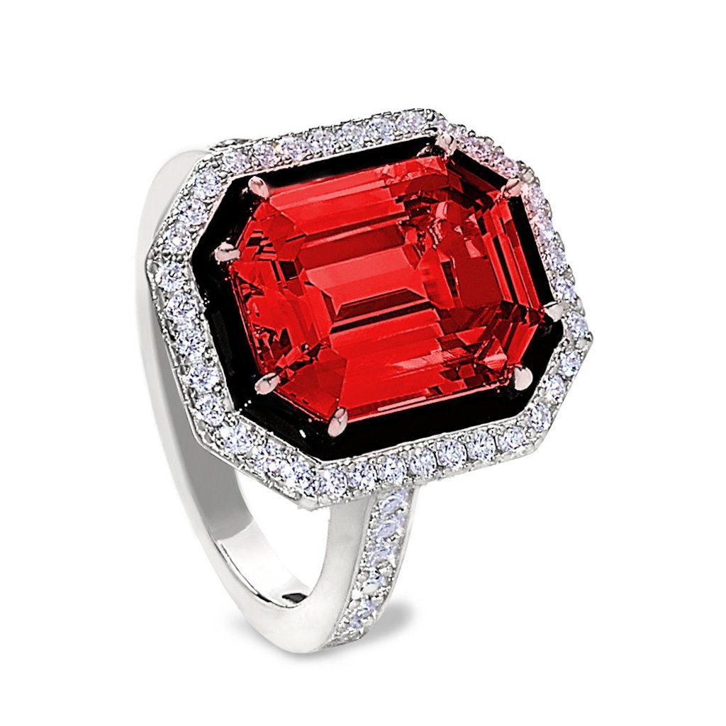 Black Enamel & Simulated Ruby Octagon Women's Ring with Simulated Diamonds