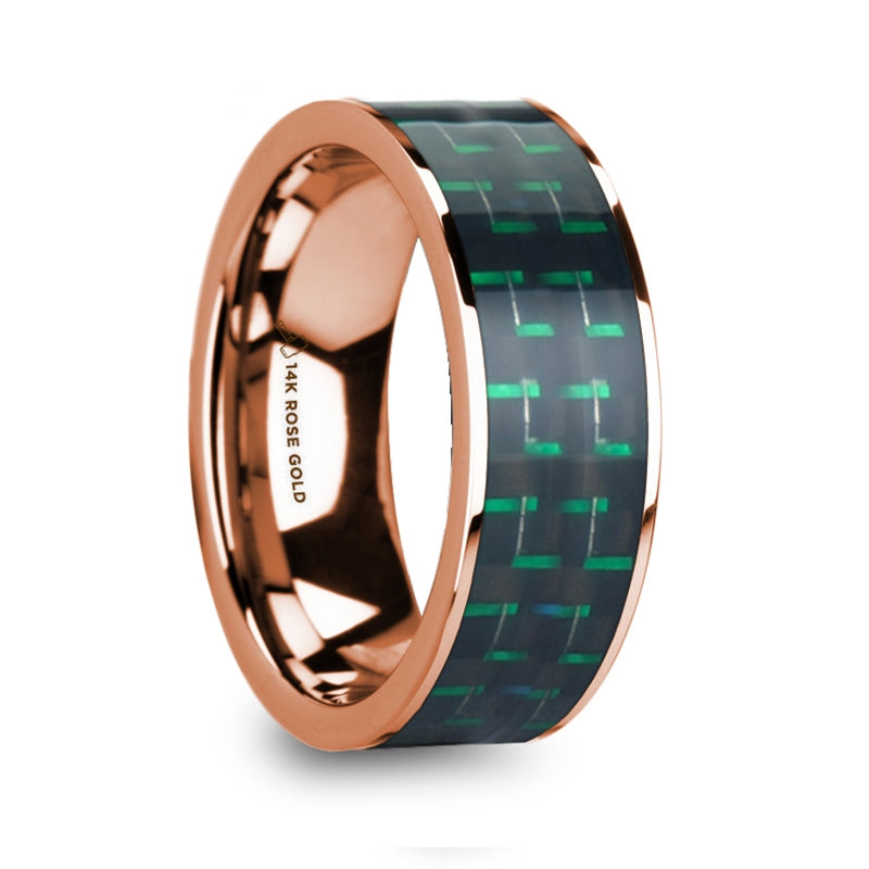 Black & Green Carbon Fiber Inlay 14k Rose Gold Men's Wedding Band