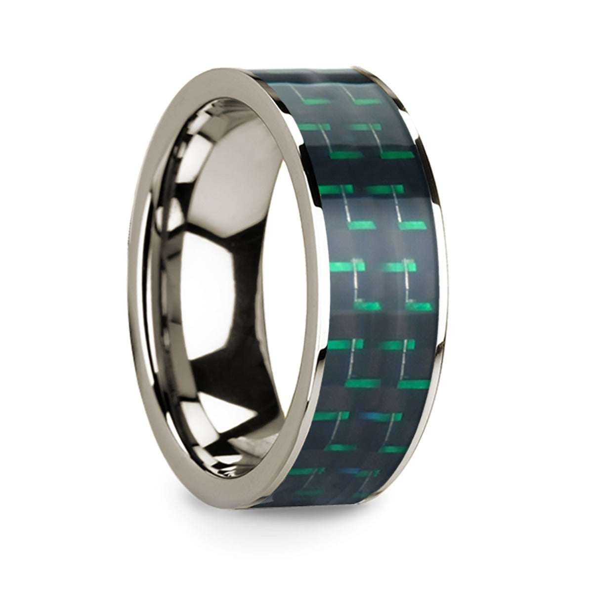 Black & Green Carbon Fiber Inlay 14k White Gold Men's Wedding Band