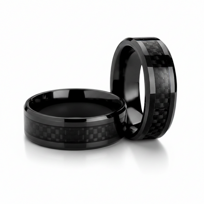 Black Titanium Couple's Matching Wedding Band Set with Black Carbon Fiber Inlay