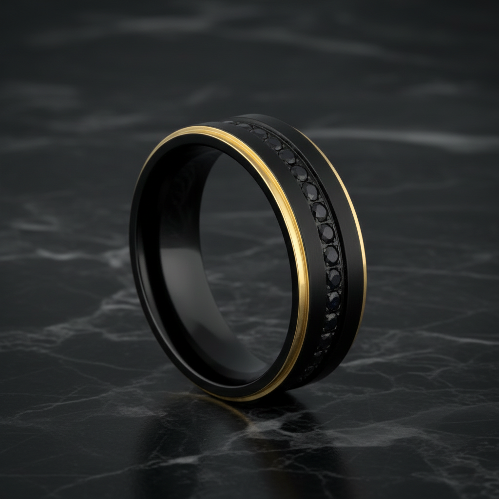 Alliance pour homme en titane noir avec bords en or jaune et saphirs