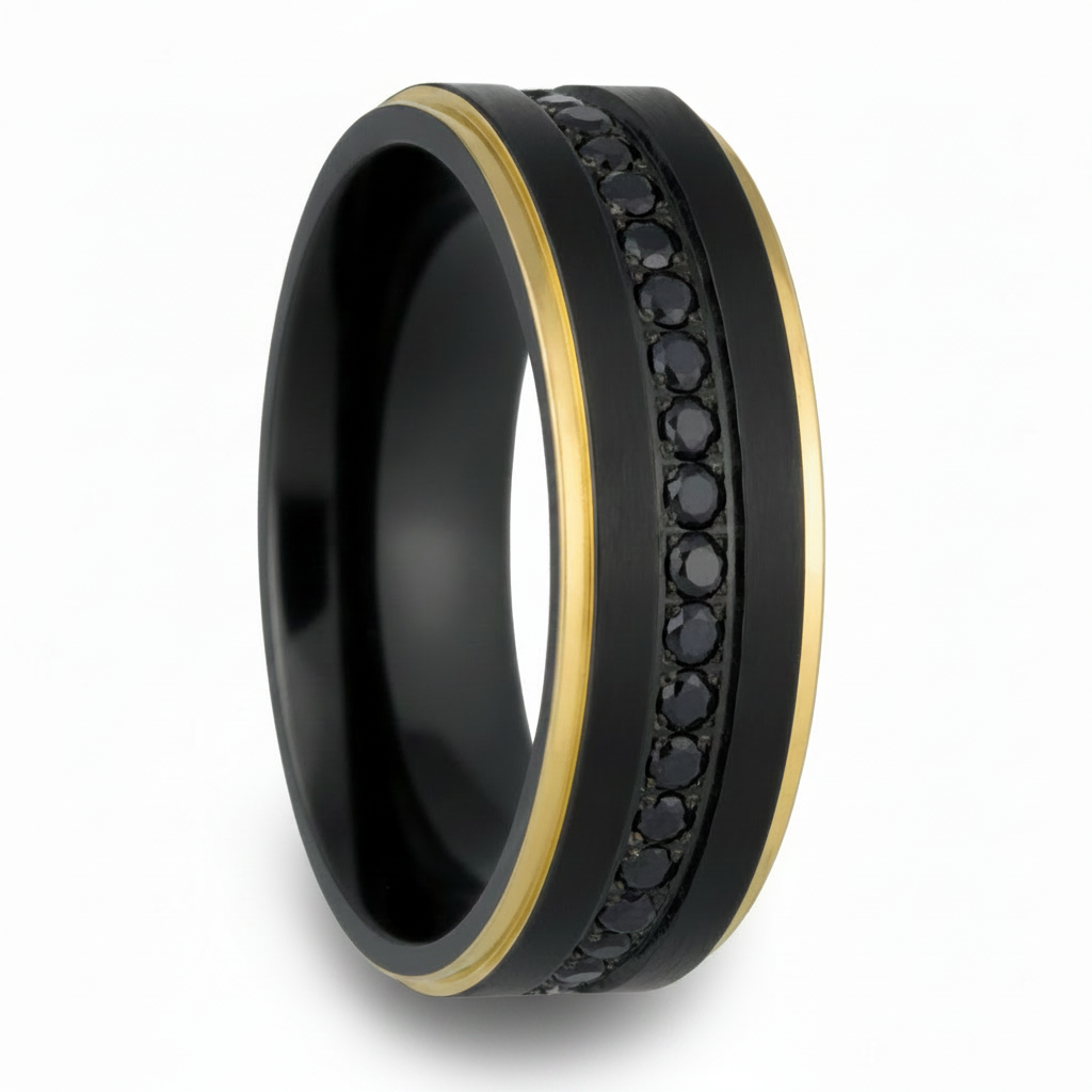 Alliance pour homme en titane noir avec bords en or jaune et saphirs