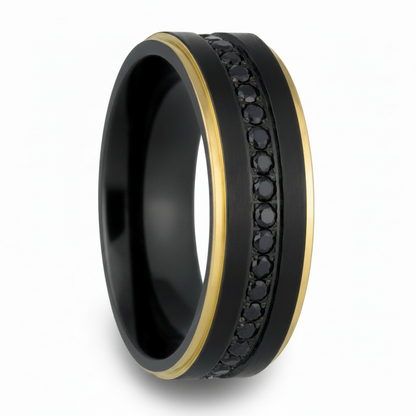Alliance pour homme en titane noir avec bords en or jaune et saphirs
