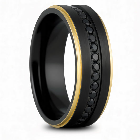 Black Titanium Men's Wedding Band with Yellow Gold Edges & Sapphires