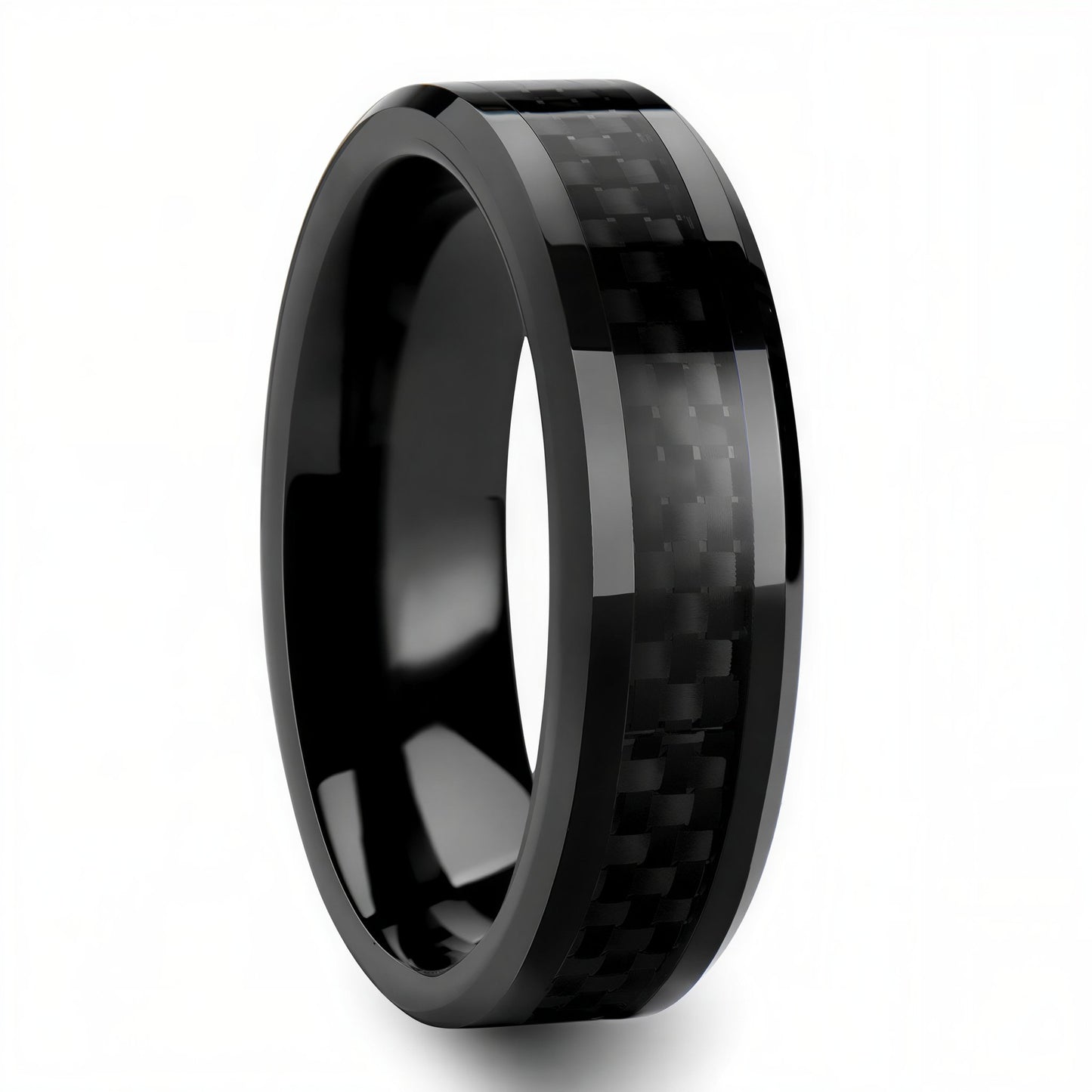 Black titanium ring with carbon fiber inlay on a white background