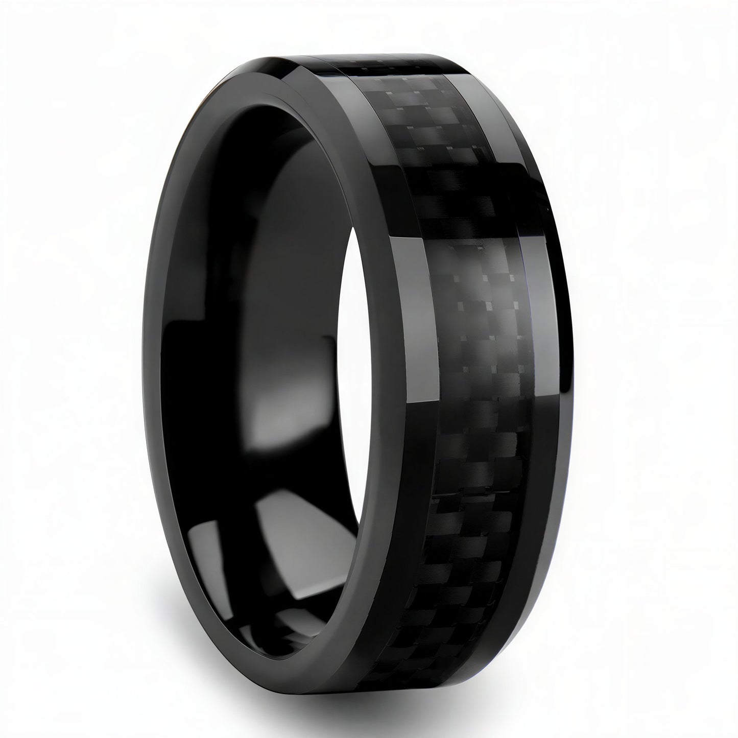 Black titanium  ring with carbon fiber inlay on a white background