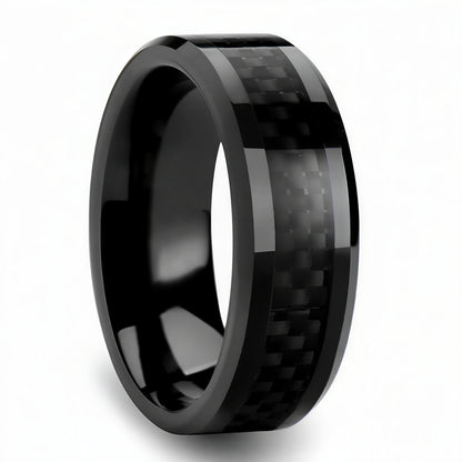 Black titanium  ring with carbon fiber inlay on a white background