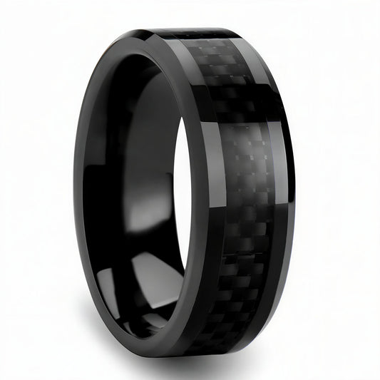 Black titanium  ring with carbon fiber inlay on a white background
