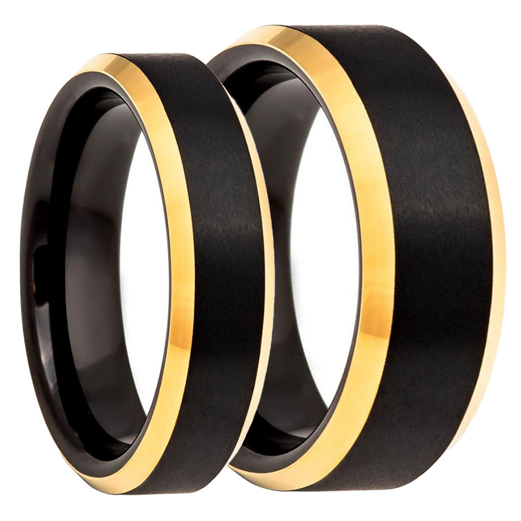 Black Tungsten Couple's Matching Wedding Band Set with Beveled Gold Edges