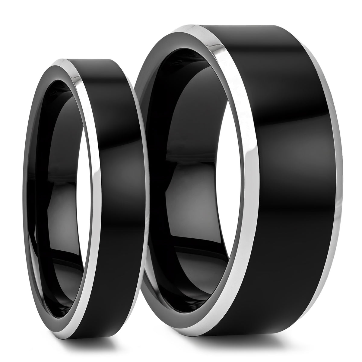 Black Tungsten Couple's Matching Wedding Band Set with Contrasting Silver Edges
