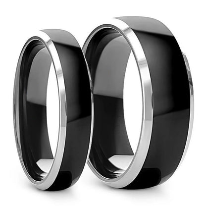 Black Tungsten Domed Couple's Matching Wedding Band Set with Contrasting Silver Edges