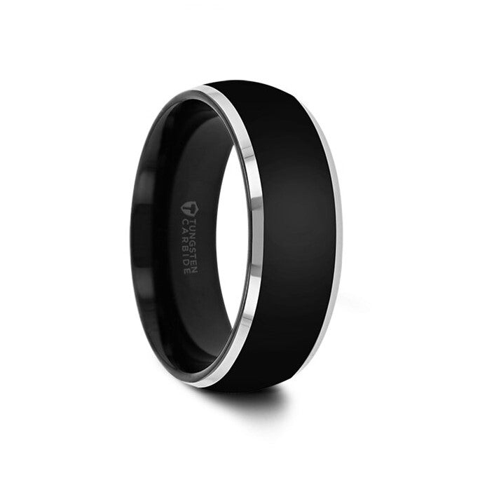 Black Tungsten Domed Couple's Matching Wedding Band Set with Contrasting Silver Edges