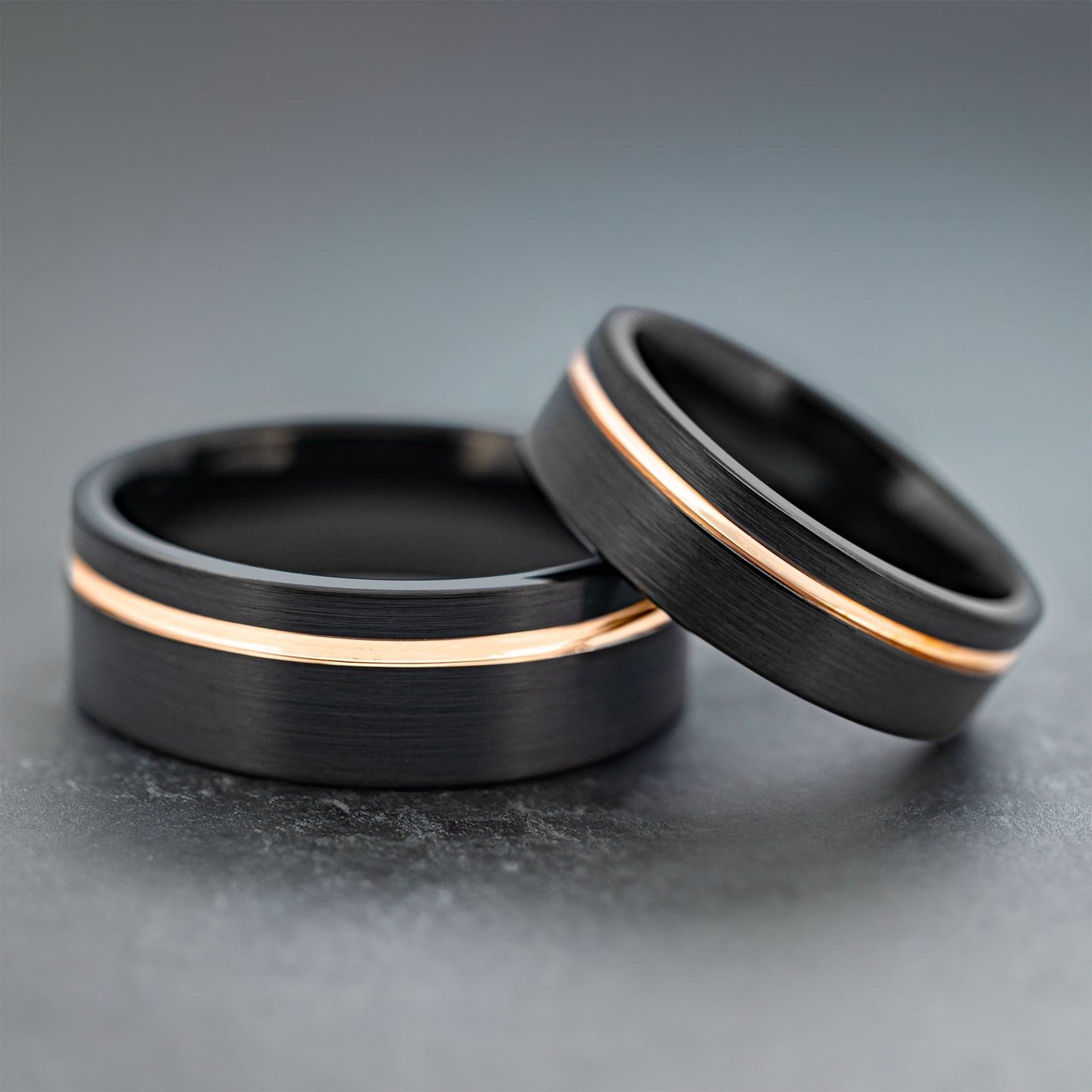 Black Tungsten Men's Wedding Band with Asymmetrical Rose Gold Groove