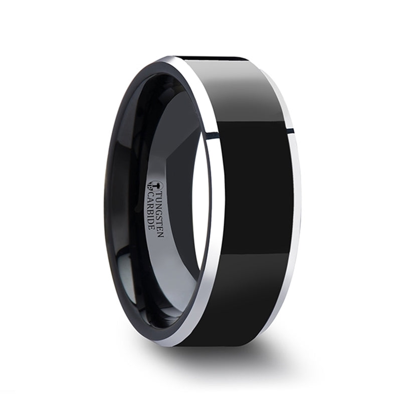 Black Tungsten Men's Wedding Band with Contrasting Silver Edges