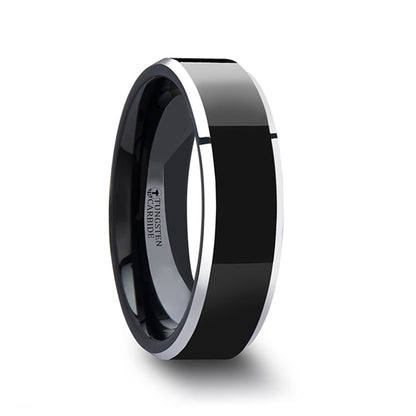 Black Tungsten Men's Wedding Band with Contrasting Silver Edges