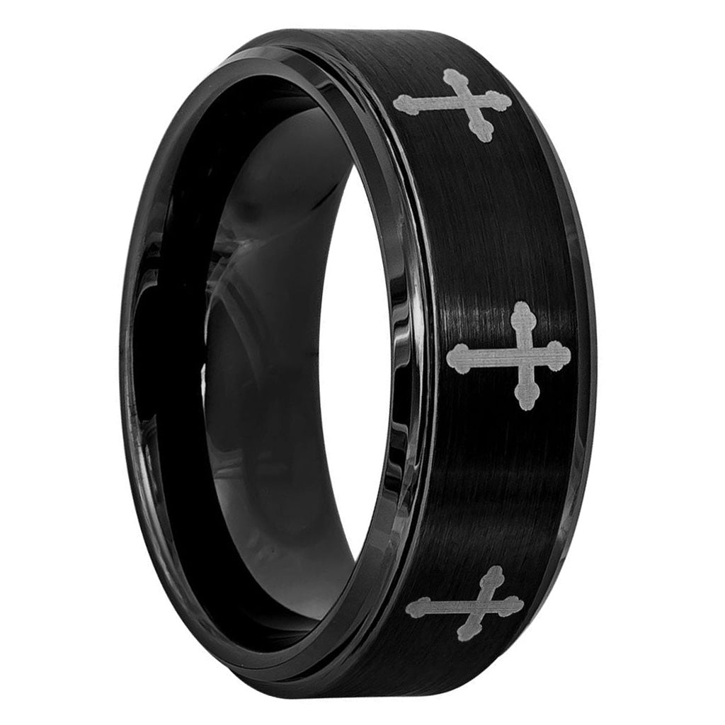 Black Tungsten Men's Wedding Band with Engraved Crosses